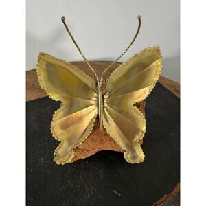 Vintage Metal Man Brass Butterfly Sculpture Burl Wood Base Signed Tag